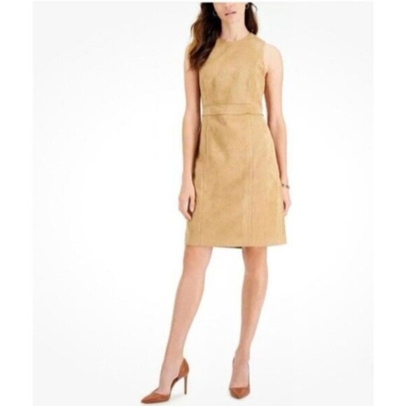 Kasper Sheath Dress 16P 16 P Sleeveless Stretch Doe Golden Camel Brown NWT - Picture 1 of 15